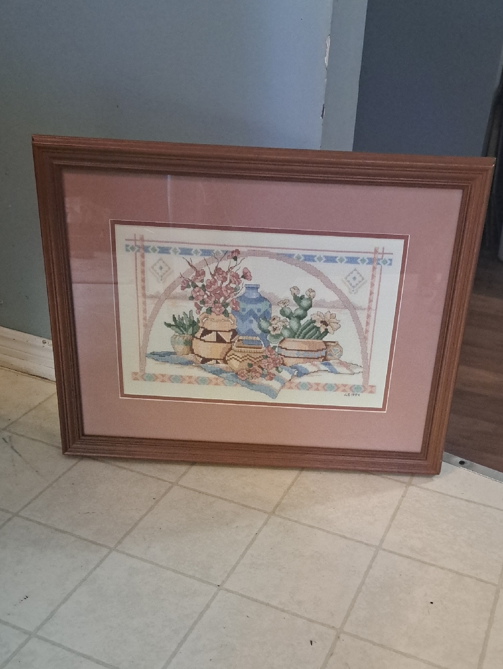 Vintage Framed Floral & Cactus Cross-Stitch. Cottagecore. Cabincore